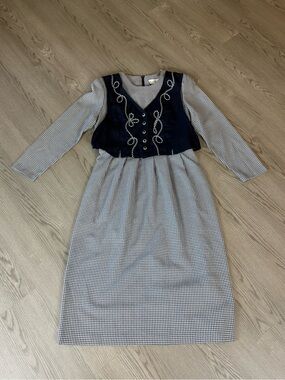 Vintage Navy & White Check Long-Sleeve Dress with Embroidered Bodice